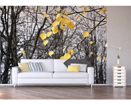 Obývací pokoj s fotografickou tapetou podzimního lesa za bílou pohovkou