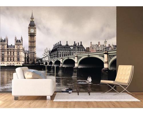 Obývací pokoj s fototapetou Londýna s Big Benem, Westminsterským palácem a mostem.