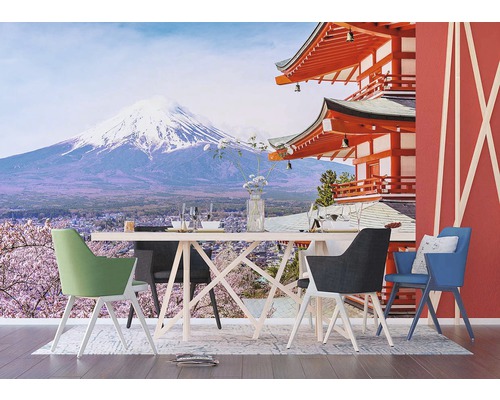 Fototapeta s jídelním stolem na pozadí Fudžijamy a japonského chrámu