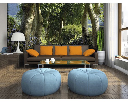 Obývací pokoj s hnědou pohovkou, modrými sedacími vaky a fototapetou s alejí stromů