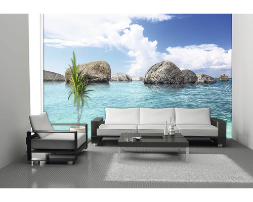 Obývací pokoj s fototapetou s kameny ve vodě