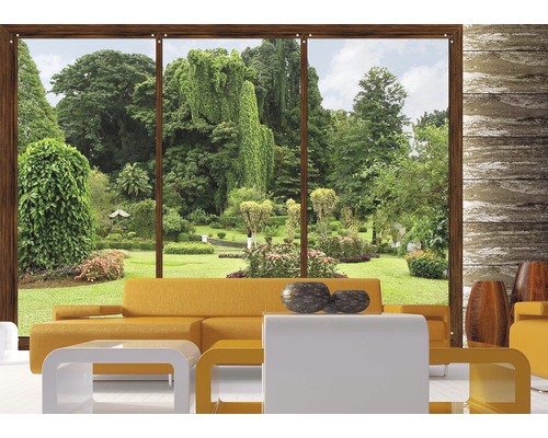 Foto tapeta s motivem zahrady a nábytkem do obývacího pokoje