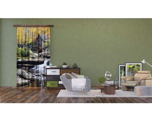 Obývací pokoj s posuvným panelem s fotopotiskem mlýna a vodopádu