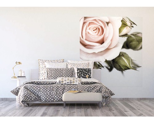 Ložnice s postelí, polštáři, lampou na nočním stolku a velkým obrazem růže na stěně