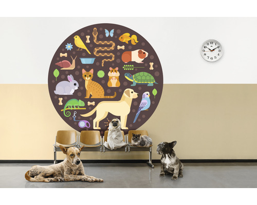 Nástěnná dekorace s motivy zvířat a čekajícími domácími mazlíčky ve veterinární ordinaci