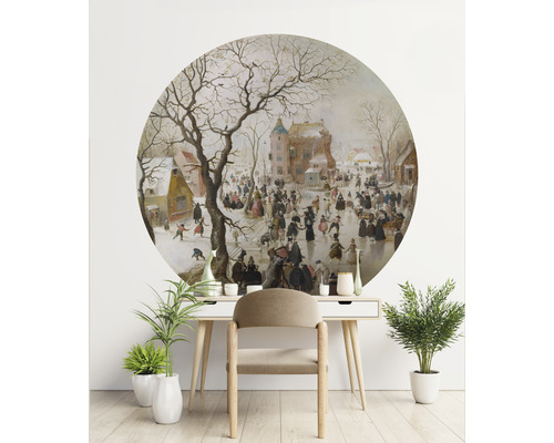 Nástěnná dekorace s historickou malbou zimní ledové krajiny nad psacím stolem