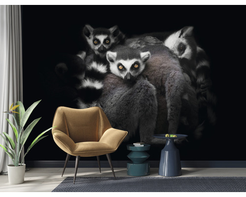 Obývací pokoj s fototapetou zobrazující skupinu lemurů