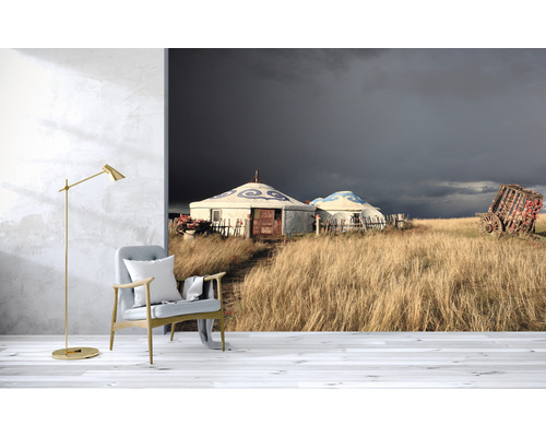 Fototapeta zobrazující jurty ve stepní krajině