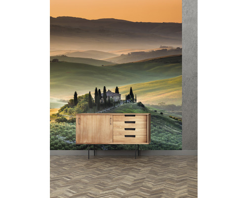 Nástěnná malba s motivem krajiny a dřevěná komoda v místnosti