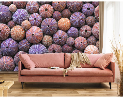 Obývací pokoj s pohovkou před fototapetou s motivem mořského ježka.