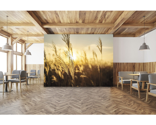 Obývací pokoj s dřevěným trámovým stropem, dřevěnou podlahou se vzorem rybí kosti a fototapetou s trávami ve večerním světle.