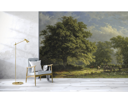 Tapeta s motivem lesní krajiny, stromu, oblohy a lidí