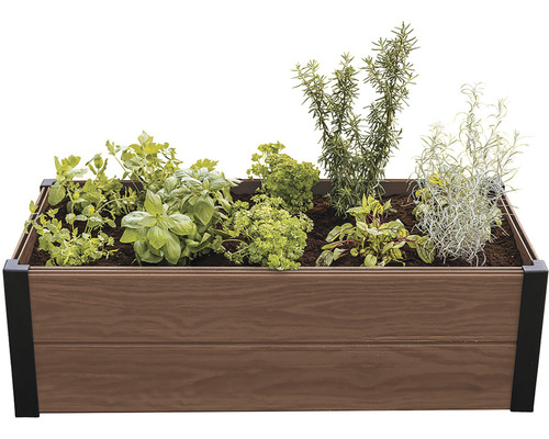 Dřevěný vyvýšený záhon osázený různými bylinkami
