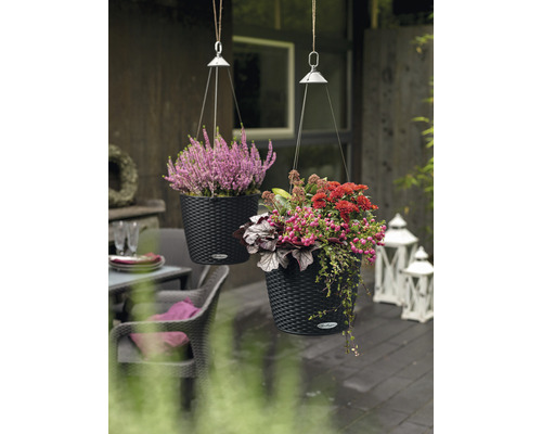 Dva závěsné květináče s květinami na terase.