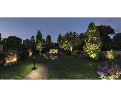 Osvětlená zahrada s cestou, stromy, keři a květinami za soumraku.