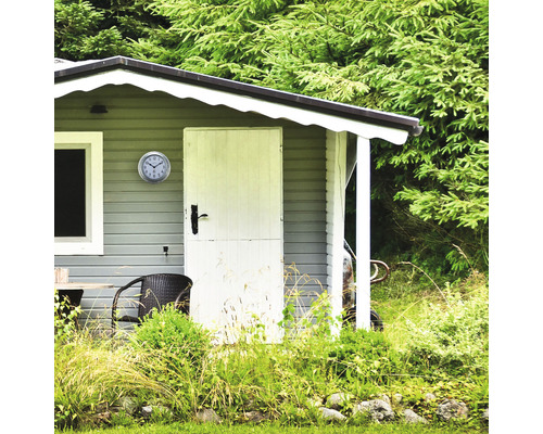 Zahradní domek s hodinami, dveřmi, oknem a porostem