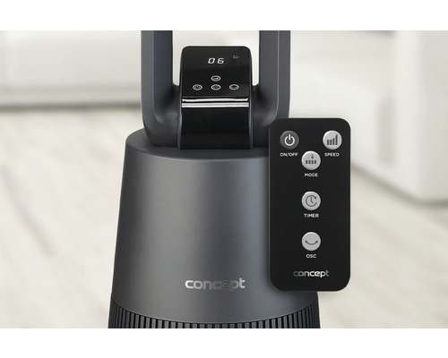 Detailní pohled na věžový ventilátor s ovládacími prvky a dálkovým ovládáním