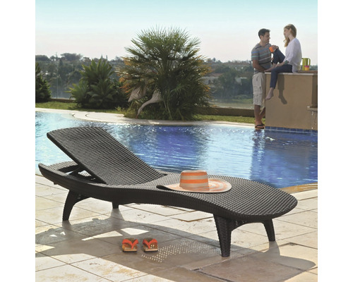 Proutěné lehátko s kloboukem a sandály u bazénu