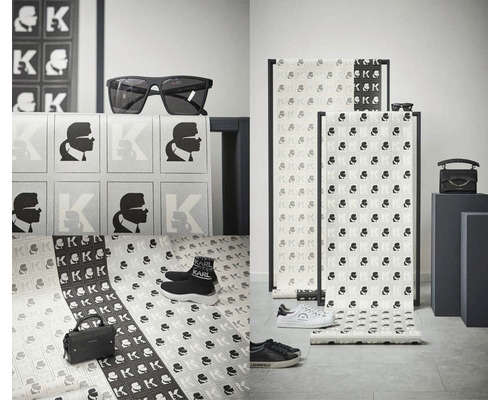 Dekorativní pokoj s tapetou, doplňky a botami Karl Lagerfeld