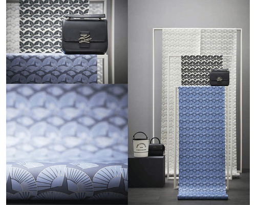 Dekorativní vzory tapet a kabelka prezentované v místnosti.