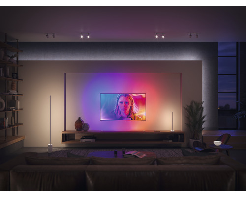 Obývací pokoj s televizí, osvětlenými stojacími lampami a policemi.