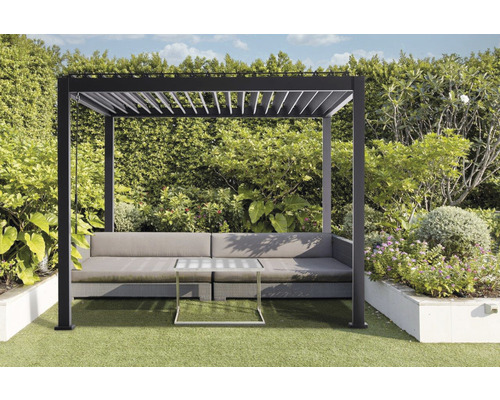 Pergola Mirador Basic tloušťka sloupku 8,8 x 8,8 cm 300x300x240 cm antracit Zahradní scéna s pergolou, pohovkou a stolem