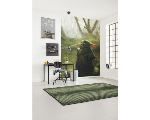 Moderní pracovna se stolem, židlí, nástěnnou malbou a kobercem