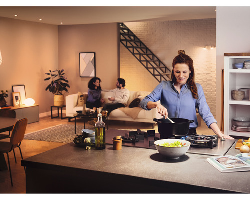 Světlý byt s otevřenou kuchyní, obývacím pokojem a ženou vařící na sporáku