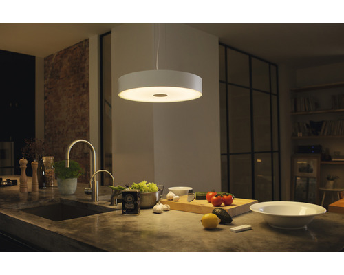 Moderní kuchyně s kulatým závěsným svítidlem nad pracovní deskou.