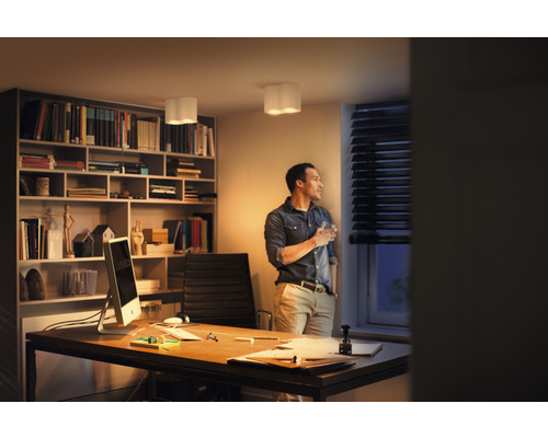 Pracovna se stolem, policí a mužem, který se dívá z okna