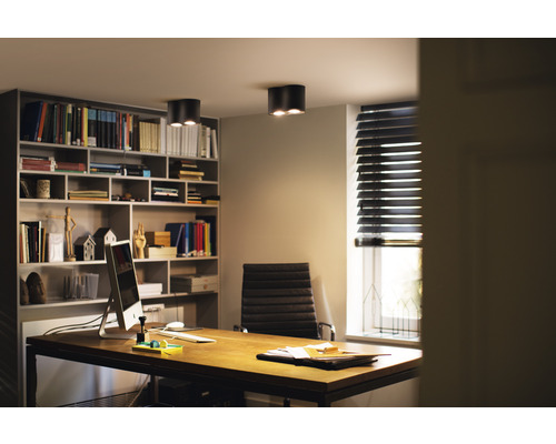 Kancelář se stolem, regálem a stropními svítidly