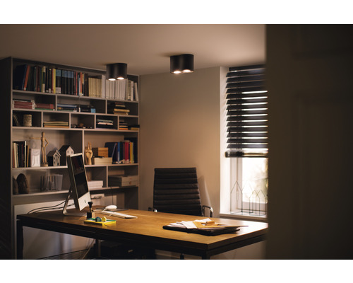 Kancelář se stolem, regálem a stropními svítidly