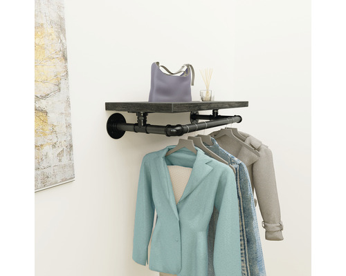 Nástěnná šatní skříň s šatní tyčí a policí ze dřeva a kovu