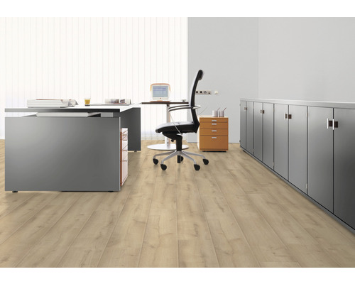 Kancelářská místnost s psacím stolem, kancelářskou židlí, mobilním kontejnerem, skříní a laminátovou podlahou