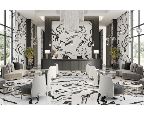 Lobby s podlahovými a nástěnnými dlaždicemi se vzhledem mramoru, recepcí a posezením