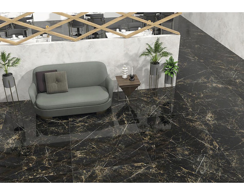 Interiér s černou podlahou s mramorovým vzorem, pohovkou a rostlinami