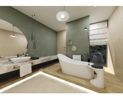 Moderní koupelna s volně stojící vanou, umyvadlem na desce a zrcadlem