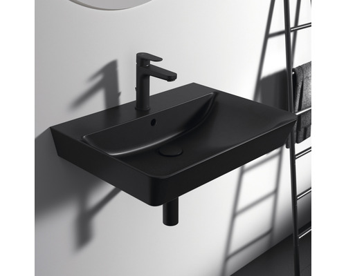 Černé umyvadlo s baterií pro montáž na stěnu