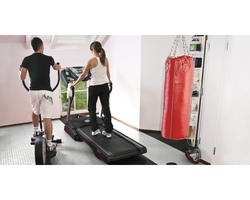 Fitness místnost s crossovým trenažérem, běžeckým pásem a boxovacím pytlem pro domácí trénink
