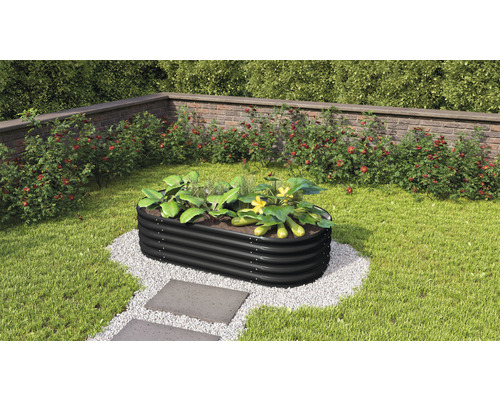 Vyvýšený záhon Vitavia Vita 401 Basic 162,1 x 82,1 x 40,1 cm plechový černý Kovový vyvýšený záhon s rostlinami na zahradě
