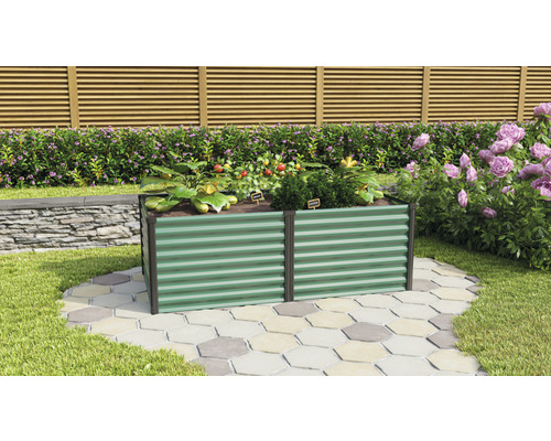 Vyvýšený záhon Vitavia Linus 630 plechový 96,2 x 187,7 x 63 cm zelený/černá Kovový vyvýšený záhon osázený na zahradě