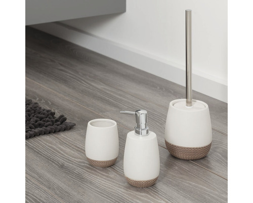 Sada koupelnových doplňků s dávkovačem mýdla, kelímkem na zubní kartáčky a sadou WC kartáčů