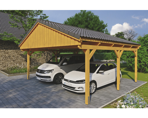 Přístřešek na auto SKAN HOLZ Fichtelberg dvojitý 618 x 566 cm dub světlý Dvojitý dřevěný carport se dvěma auty