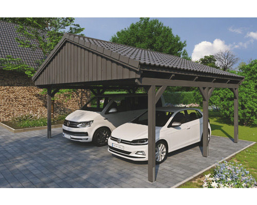 Přístřešek na auto SKAN HOLZ Fichtelberg dvojitý 618 x 566 cm břidlicově šedý Dřevěný dvojitý carport se dvěma zaparkovanými auty