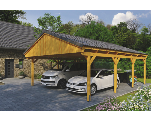 Přístřešek na auto SKAN HOLZ Fichtelberg dvojitý 618 x 808 cm dub světlý Dřevěný dvojitý carport se dvěma auty pod ním