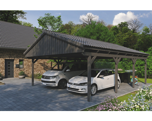Přístřešek na auto SKAN HOLZ Fichtelberg dvojitý 618 x 808 cm břidlicově šedý Dřevěný dvojitý přístřešek pro auto se dvěma zaparkovanými auty