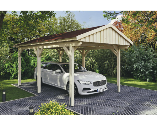 Přístřešek na auto SKAN HOLZ Fichtelberg 317 x 566 cm přírodní vč. šindelů Dřevěný přístřešek pro auto s červenou střechou a zaparkovaným autem