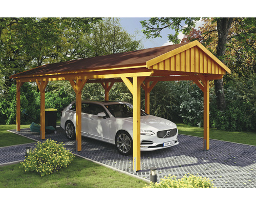 Přístřešek na auto SKAN HOLZ Fichtelberg 317 x 808 cm dub světlý vč. šindelů Dřevěný přístřešek pro auto s autem pod ním na zahradě