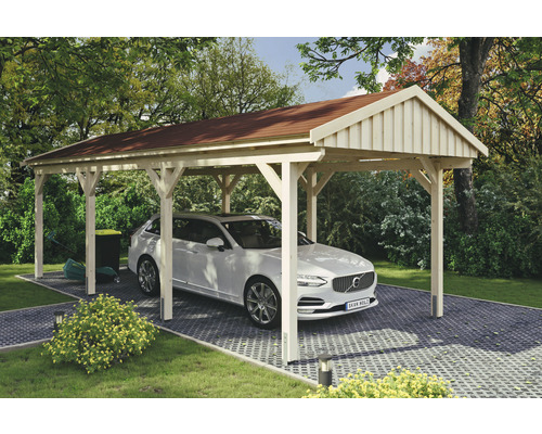 Přístřešek na auto SKAN HOLZ Fichtelberg 317 x 808 cm přírodní vč. šindelů Zastřešený dřevěný přístřešek pro auto s parkujícím autem na dlážděném povrchu.