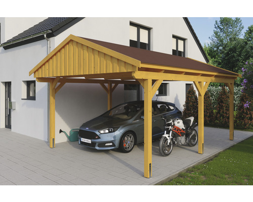 Přístřešek na auto SKAN HOLZ Fichtelberg 423 x 566 cm dub světlý vč. šindelů Dřevěný přístřešek pro auto s automobilem a motocyklem